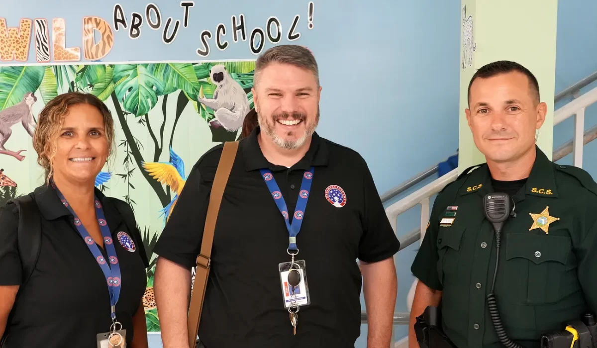Intern assistant principal Josette Ortega with assistant principal Ryan Lee and Sarasota Sheriff Office, School Safety Deputy, Mike Magri. Dreamers Academy is a dual-language public charter school located in north Sarasota that opened in 2021. Continuing it's expansion, the school is projected to have 1,200 students by the year 2028 with grades K‑8. For more information visit dreamersacademy.org
— Thomas Bender/Sarasota Herald-Tribune
