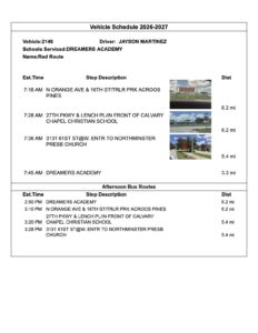 Dreamers Academy Bus Stop Schedule